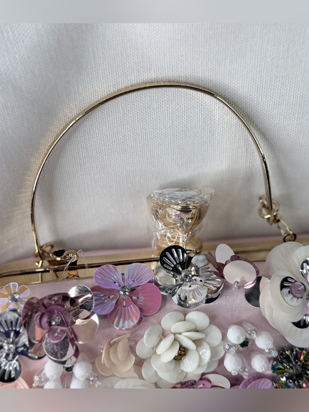 bebe Pink Floral Appliqué Evening Clutch with Gold Chain - Picture 3 of 8